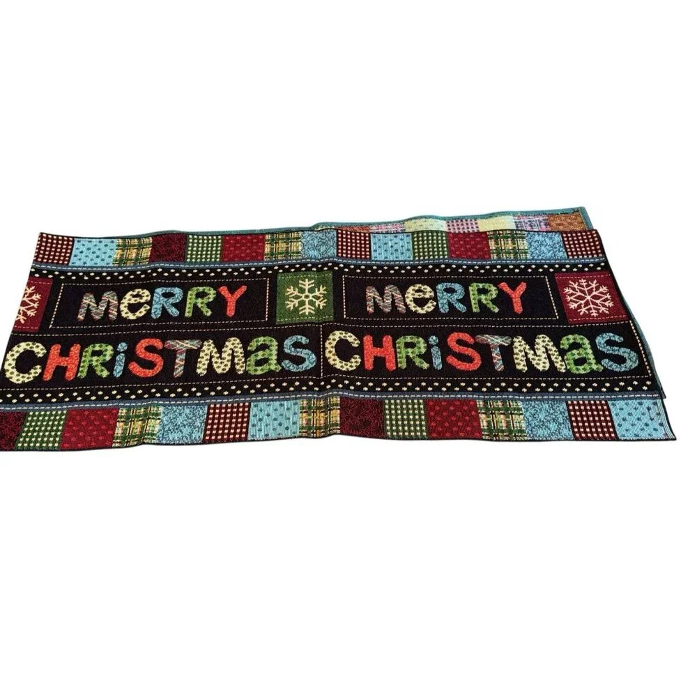 Colorful Merry Christmas Table Runner Tapestry Patchwork Farmhouse Country Chic